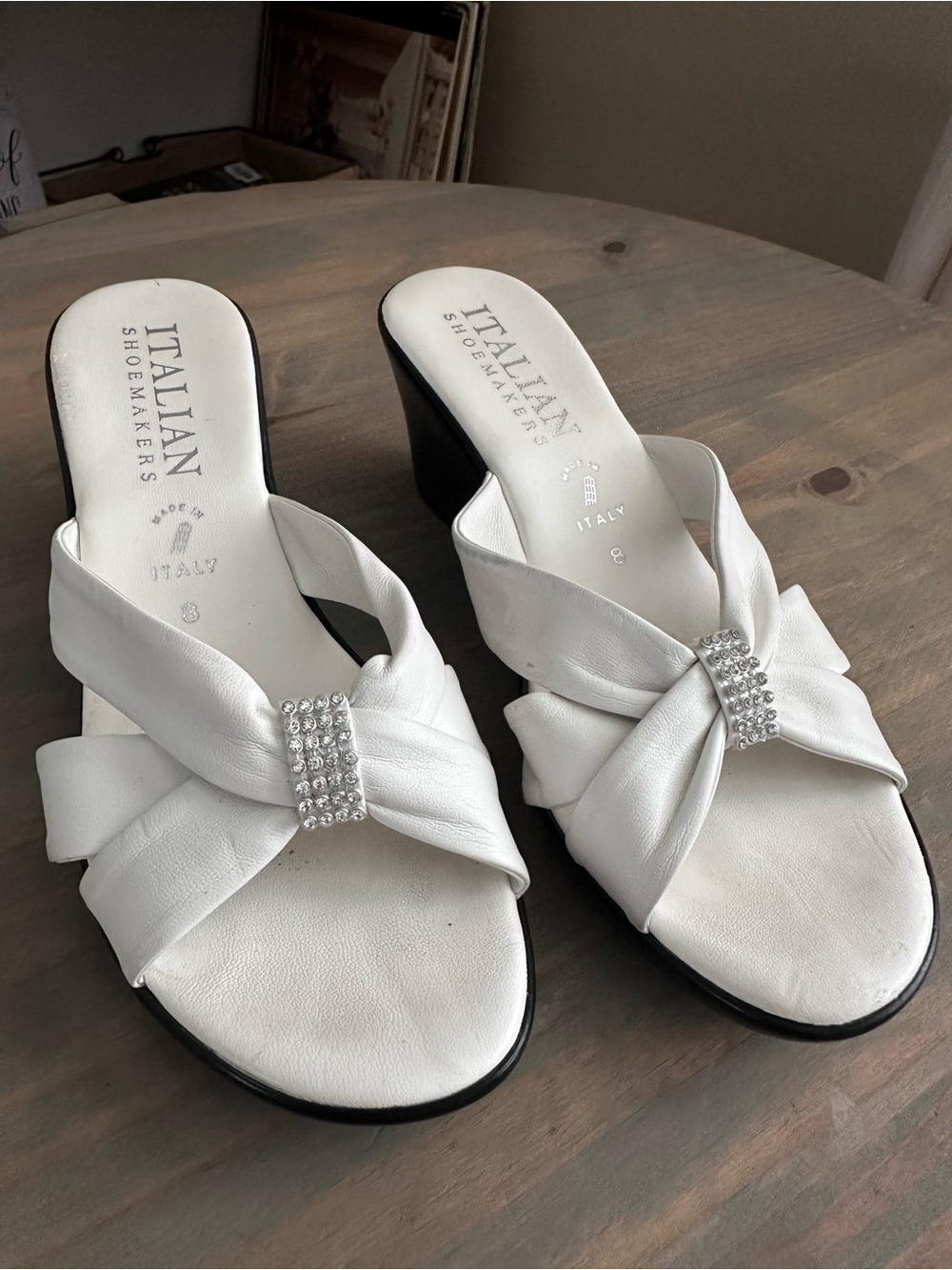 Italian Shoemakers White Knotted Slide Mules with Crystal Buckle